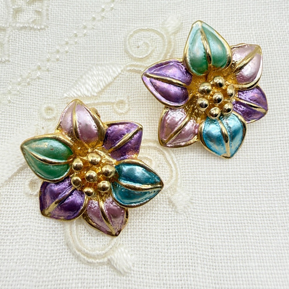 Vintage Mod Metallic Pastel Multi Color Enamel Flower Clip-On Earrings